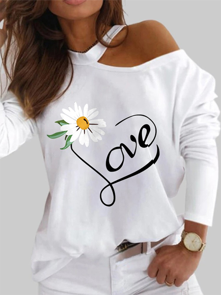 

One Shoulder Floral Long Sleeve Casual T-Shirt, White, T-Shirts