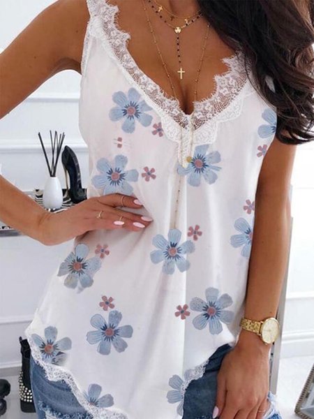 

Lace Casual V Neck Floral Knit Tank, White, Tank Tops & Camis