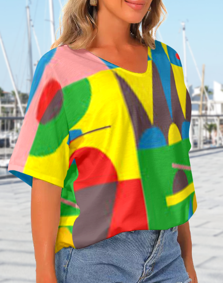 

Loosen Geometric Casual Short Sleeve Tops, Multicolor, T-Shirts