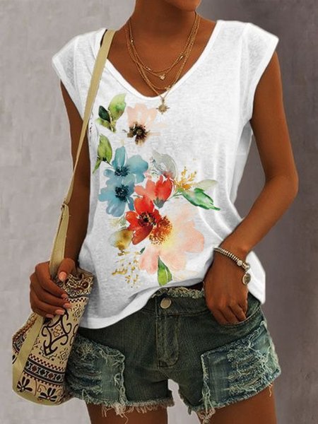 

Floral V Neck Loosen Casual Short Sleeve T-Shirt, White, T-Shirts
