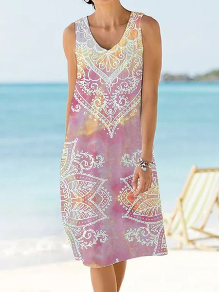 

Geometric retro pattern gradient folk pattern Datura print straight dress middle skirt Plus Size, Pink, Mini Dresses