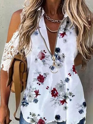 

Floral lace Casual Short Sleeve Tops, White, T-Shirts