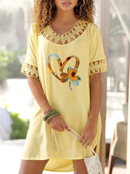 

A-line Lace Floral Heart Loosen Casual Short Sleeve Knit Dress, Beige, Mini Dresses
