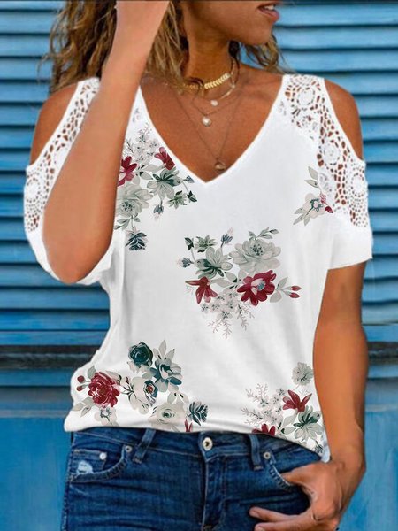 

Casual Floral Short Sleeve V Neck Plus Size Printed Tops T-shirts, White, T-Shirts