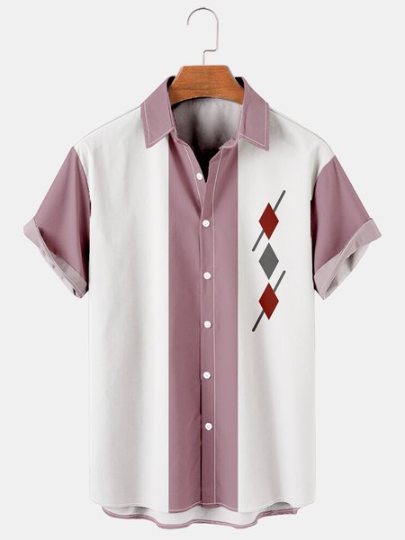 

Casual Art Collection Geometric Stripe Pattern Lapel Short Sleeve Print Shirt Top, As picture, Men's Floral shirt