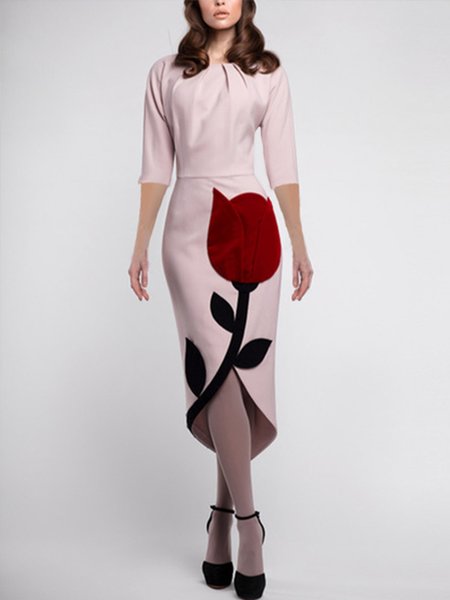 

Regular Fit Elegant Floral Crew Neck Midi Dress, Pink, Midi Dresses