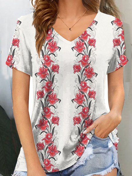 

Casual Floral Short Sleeve T-Shirt, White, T-Shirts