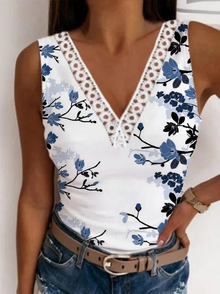 

Casual Floral Sleeveless V Neck Plus Size Printed Tank Top Vests, Blue, Tank Top