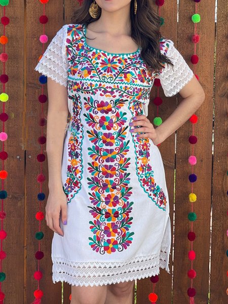 

Cotton Blends Floral Crew Neck Short Sleeve Knit Dress, White, Mini Dresses