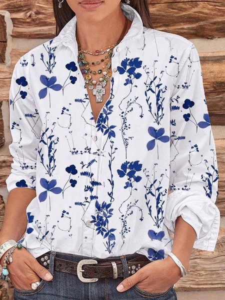 

Floral Buttoned Casual Long Sleeve Blouse, Blue, Blouses & Shirts