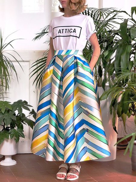 

Vacation Striped Long Skirt, White, Maxi Skirts