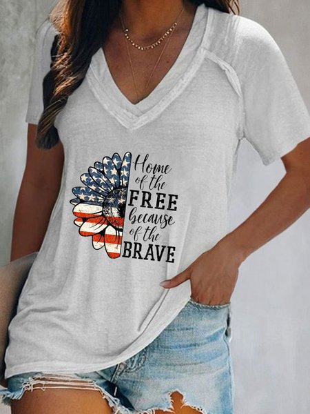 

Home Of The Free Because Of The Brave V Neck Casual Short Sleeve Loosen T-Shirt, White, T-Shirts