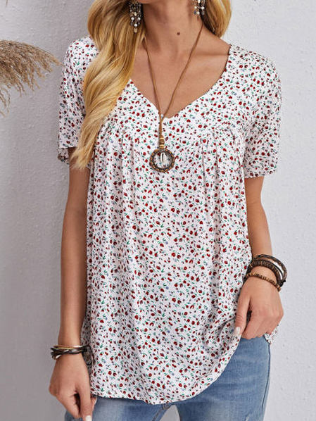 

Floral V Neck Loosen Vacation Short Sleeve Tops, White, T-Shirts