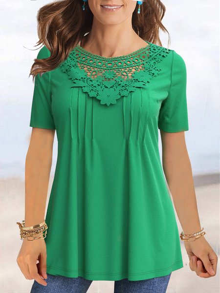 

Plain no pattern A-line fit lace collar T-shirt Plus Size, Green, Tunics