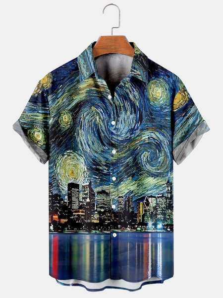 

Mens Oil Painting Style Printed Casual Breathable Short Sleeve Shirt, As picture, Men's Floral shirt