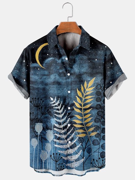 

Men's Oil Painting Print Casual Short Sleeve Hawaiian Shirt, Black-blue, Men's Floral shirt