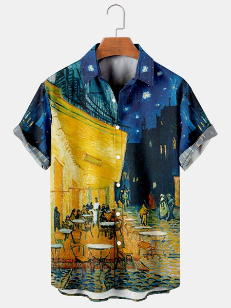 Men's Oil Painting Print Casual Short Sleeve Hawaiian Shirt, Yellow, Men's Floral shirt