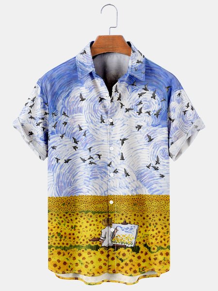 

Men's Art Oil Print Short Sleeve Hawaiian Shirt, Yellow, Shirts ＆ Blouse