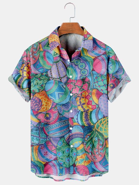 

Easter Egg Graphic Short Sleeve Casual Men's Hawaiian Shirt, As picture, Men's Floral shirt