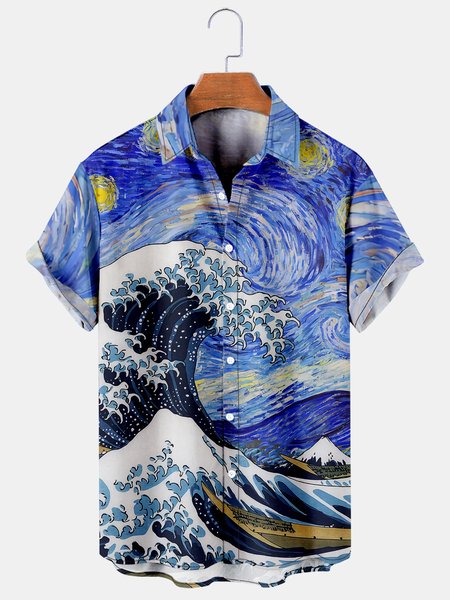 

Mens Ukiyo-e Oil Painting Style Printed Casual Breathable Hawaiian Short Sleeve Shirt, As picture, Shirts ＆ Blouse