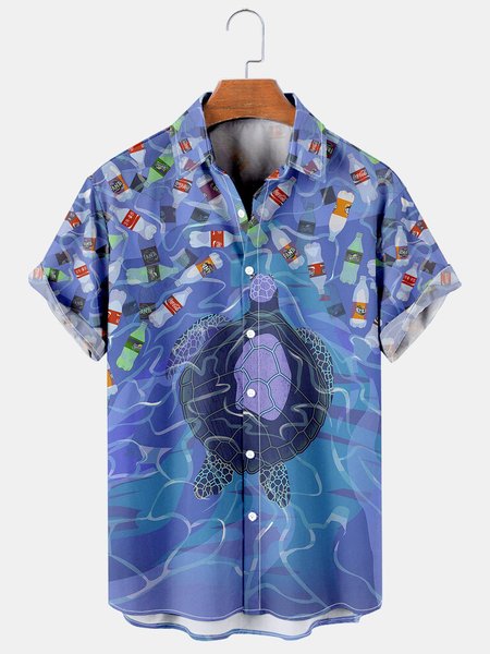 

Men's Casual Eco Printed Short Sleeve Hawaiian Shirt, Blue, Men's Floral shirt