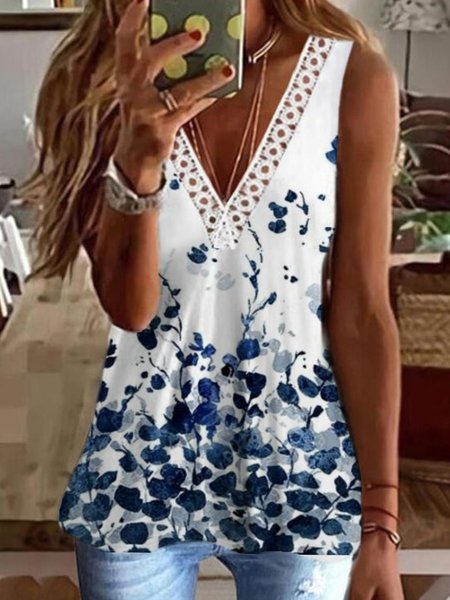 

Casual Lace V neck Floral Sleeveless Knit Tank, White, Tank Top