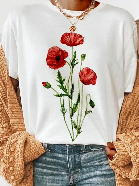 

Floral Cotton Blends Loosen Crew Neck Short Sleeve T-Shirt, White, Tees & T-shirts