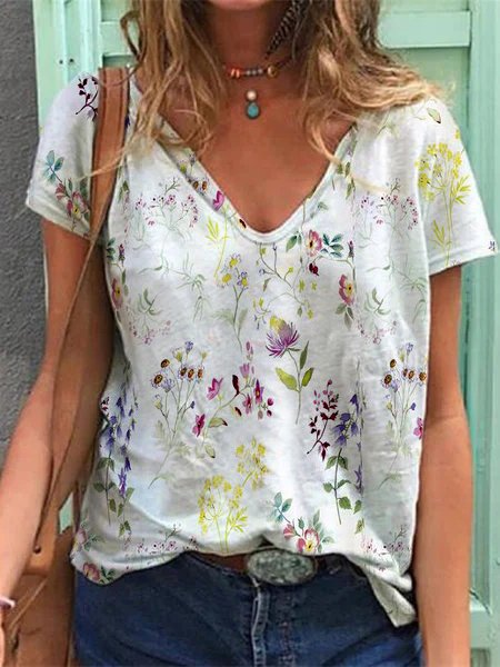 

V Neck Floral Vacation Short Sleeve T-Shirt, Multicolor, Tees & T-shirts