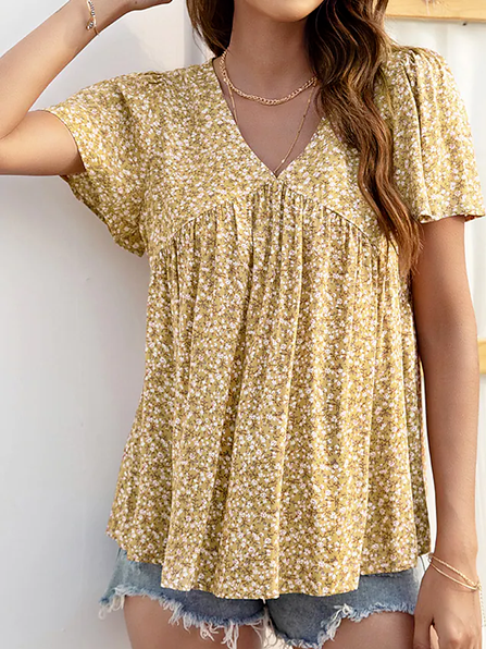

JFN V Neck Floral Loosen Daily Tunic Top, Yellow, Shirts & Blouses
