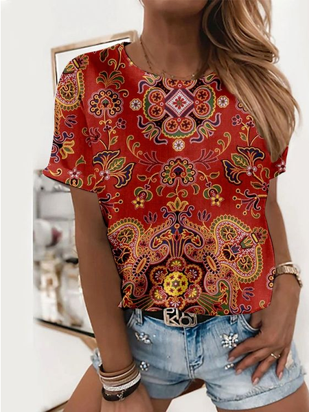 

Tribal Print Vacation Cotton Blends Short Sleeve T-Shirt, Red, T-Shirts