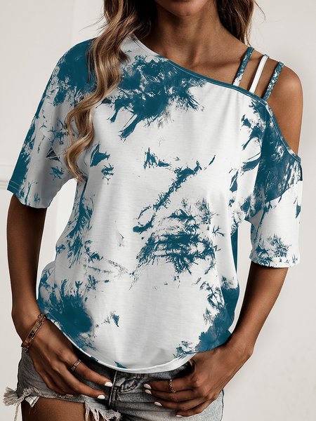 

Tie Dye One Shoulder Casual Asymmetrical Neck Tops, Multicolor, T-Shirts