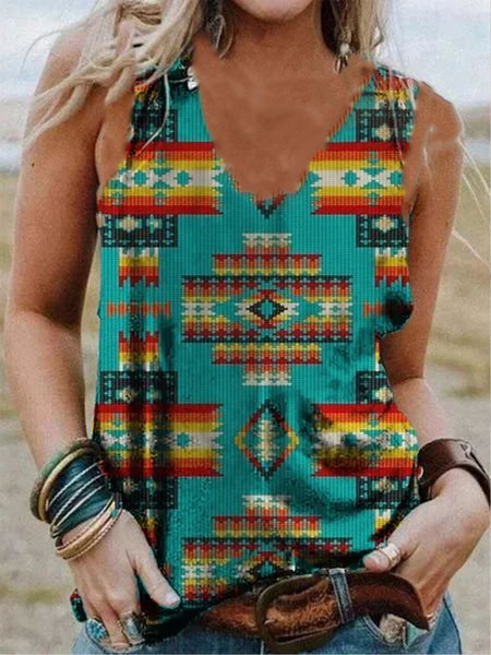 

Casual Geometric V Neck Knit Tank, Blue, Tanks & Camis