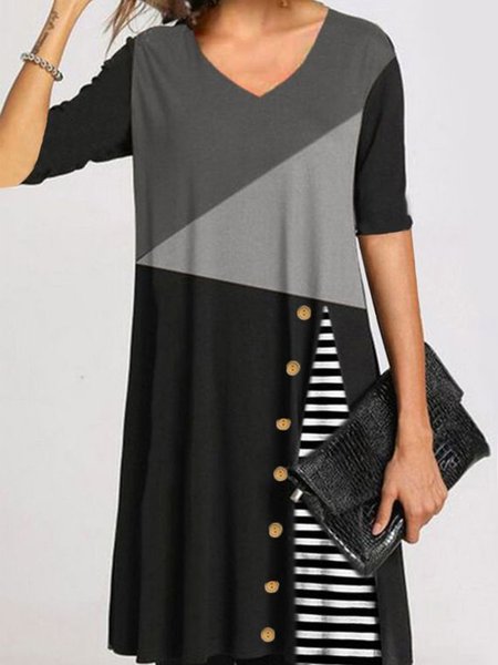 

Buttoned Half Sleeve Casual Color Block Short Sleeve Knit Dress, Multicolor, Dresses