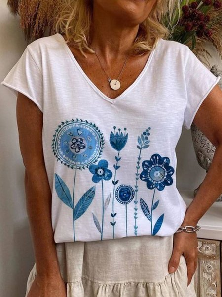 

Regular Fit Casual V Neck Short Sleeve T-Shirt, White, T-Shirts