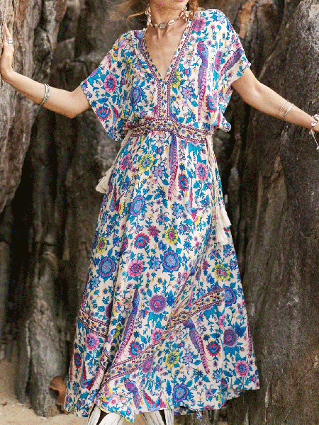 

Floral Boho Short Sleeve Woven Dress, Blue, Maxi Dresses