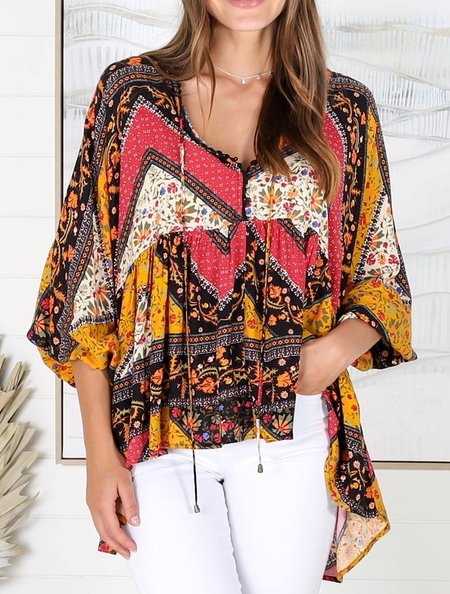 

V Neck Loosen Casual Long Sleeve Tops Tribal, Multicolor, Long sleeve tops