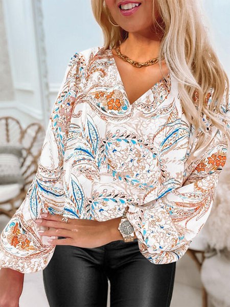 

Paisley Printed Long Sleeve V Neck Plus Size Casual Blouse Tops, Multicolor, Tops