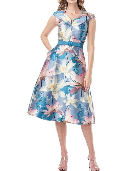 

Floral Satin Short Sleeve Woven Dress, Blue, Midi Dresses