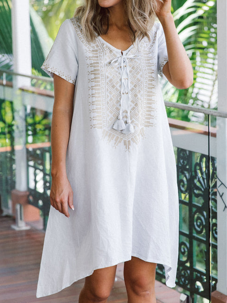 

Paisley Boho Short Sleeve Knit Dress, White, Mini Dresses