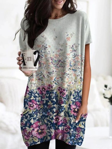 

Ombre Butterfly Floral Romantic Loosen Pockets Short Sleeve Tunic T-Shirt, Flower, T-Shirts