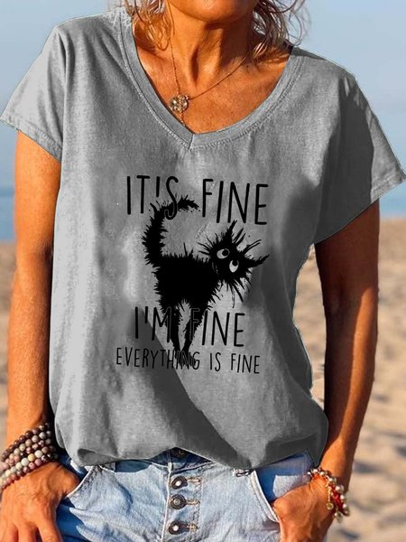 

It's Fine I'm Fine Everthing Is Fine Cat Print T-shirt, Gray, T-shirts