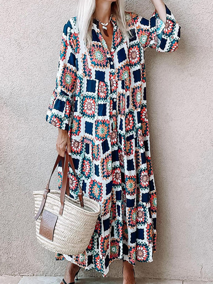 

Boho Long Sleeve Woven Dress, Multicolor, Maxi Dresses