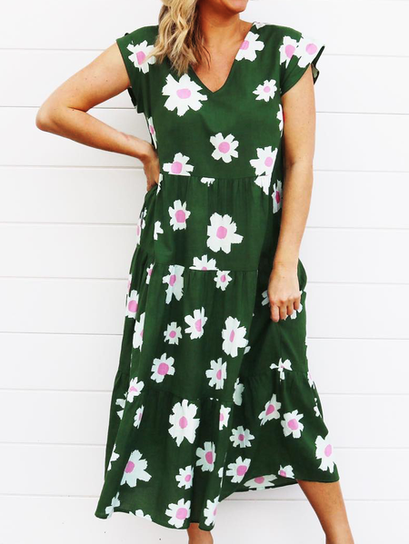 

Floral V Neck Casual Short Sleeve Woven Dress, Deep green, Midi Dresses