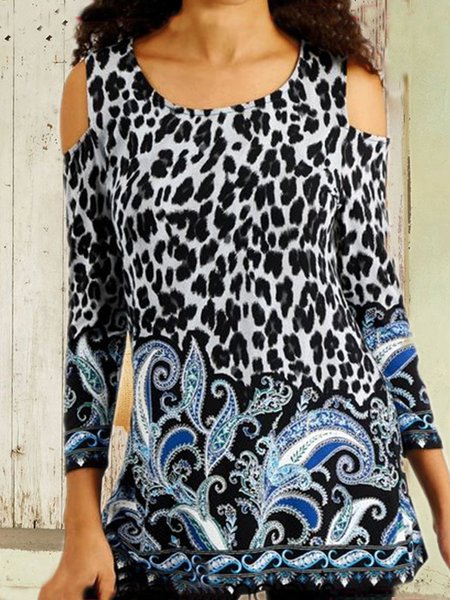 

Leopard Floral Tribal Boho Crew Neck Hollow Out Loosen Long Sleeve Tunic T-Shirt, Flower, T-Shirts