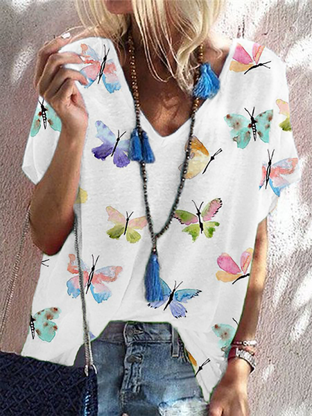 

Plus size V Neck Casual Butterfly Short Sleeve T-Shirt, White, T-Shirts