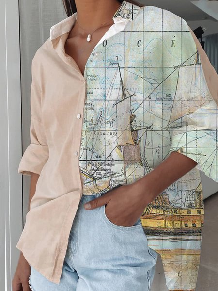 

Casual Letters Printed Long Sleeve Blouse, Khaki, Blouses & Shirts