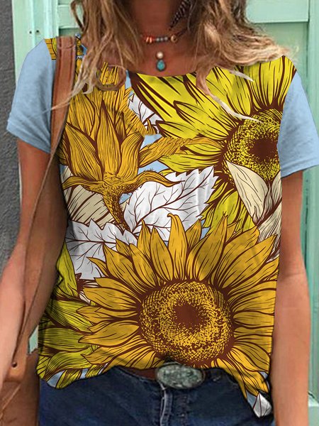 

Casual Sunflower Short Sleeve T-Shirt, Yellow, T-Shirts
