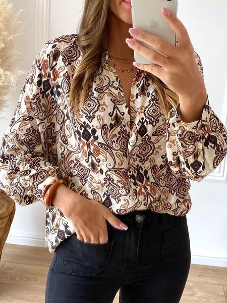 

Tribal Jacquard Casual Shirt Collar Long Sleeve Blouse, Multicolor, Blouses & Shirts