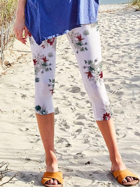 

Floral Print Casual Cropped Skinny Leggings, White, Leggings