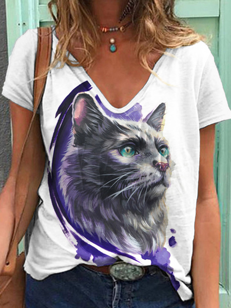 

V Neck Casual Loosen Short Sleeve T-Shirt, White, T-Shirts